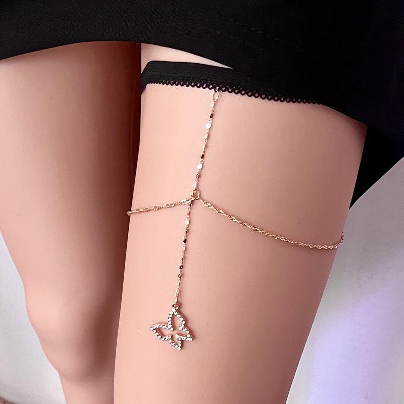 Sexy Rhinestone Thigh Chain Elastic Butterfly Leg Chain Women Fashion Metal Rhinestone Chain Body Chain