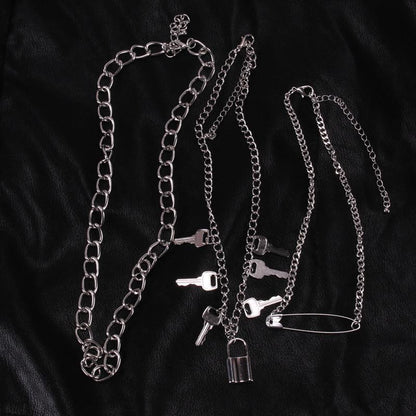 Hip Hop Punk Trend Pin Necklace Fashion Retro Multi-layer Key Lock Necklace Women