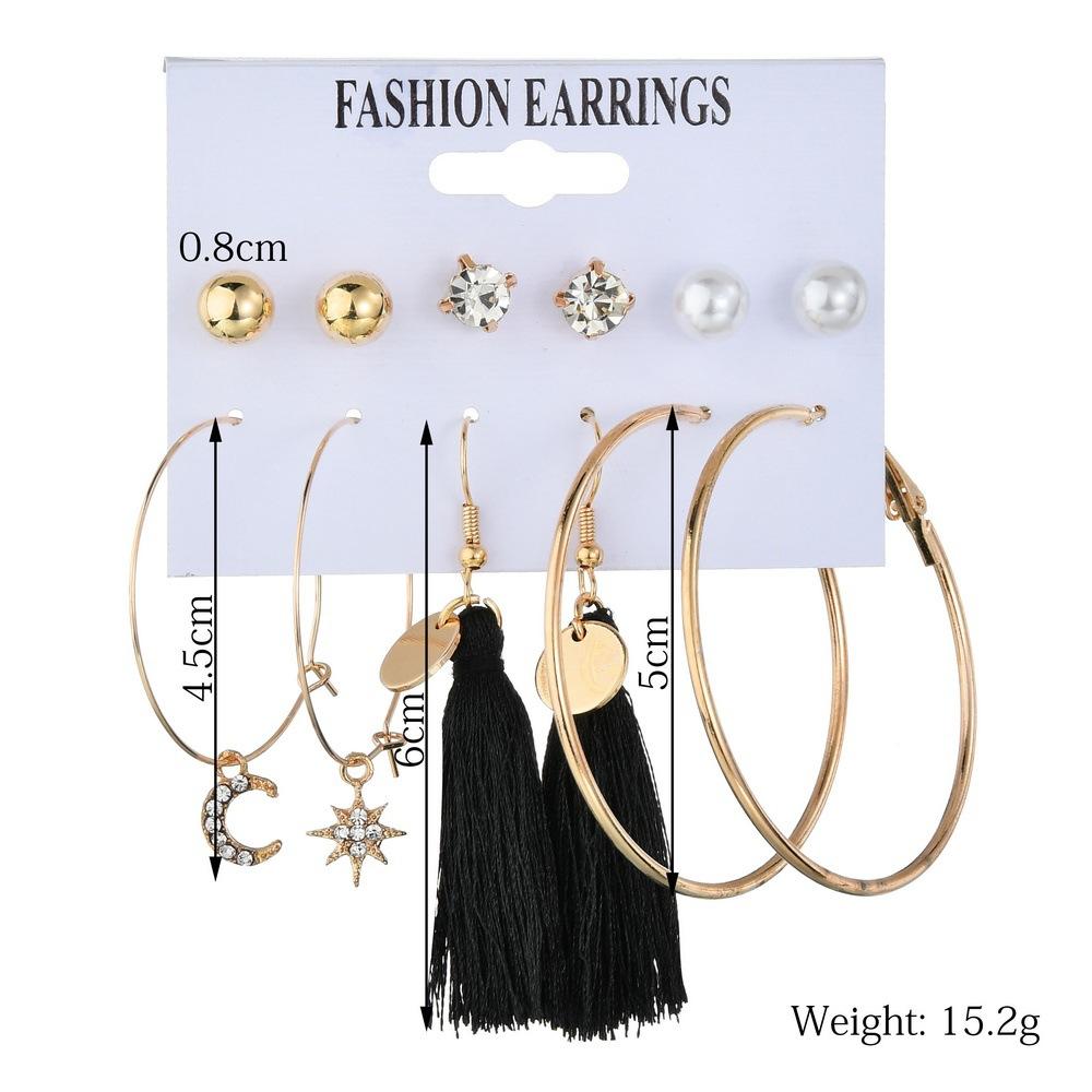 Pop Rhinestone Star Moon Asymmetrical Earring Set Vintage Tassel Earrings