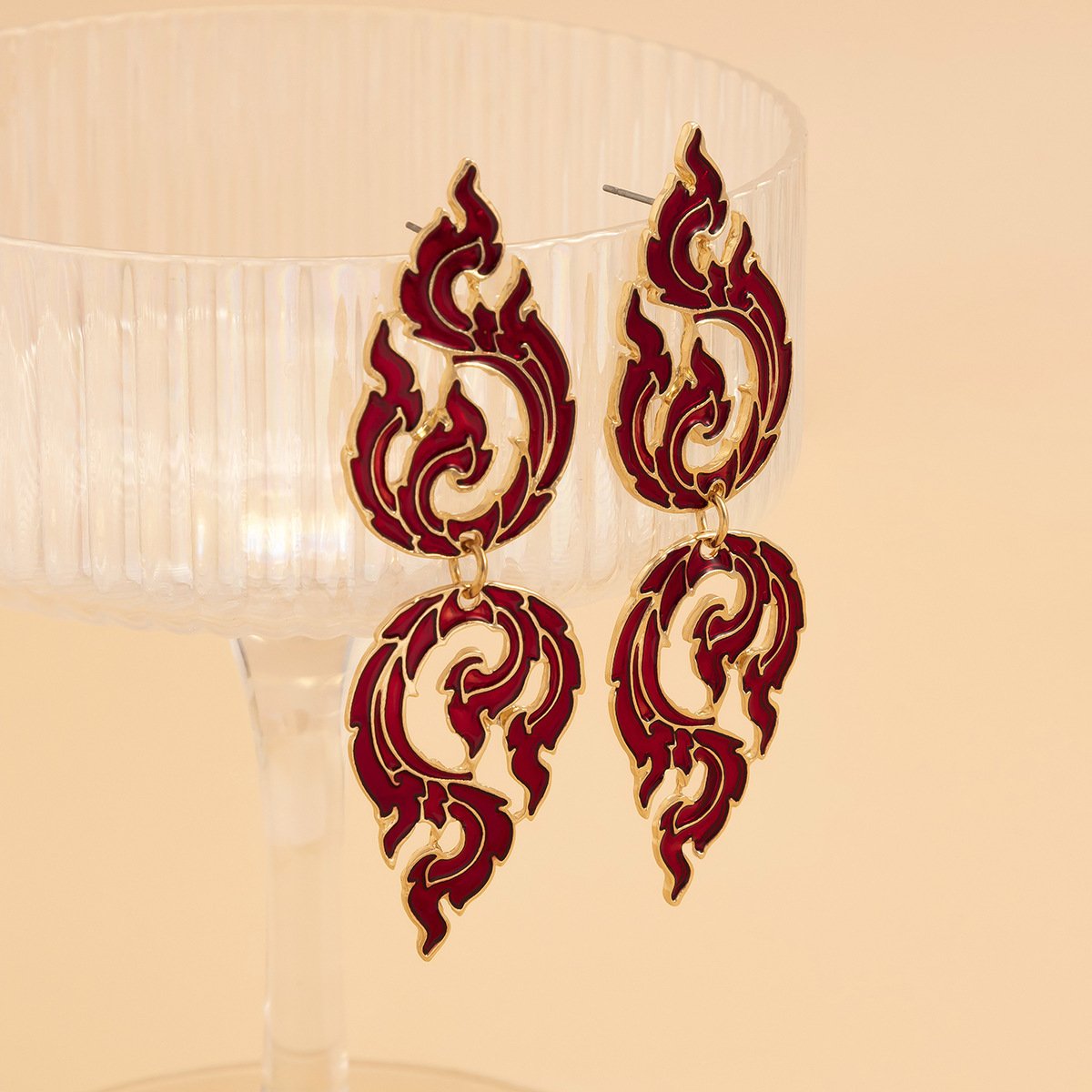 Jewelry geometric exaggerated hollow out dripping oil earrings national three-dimensional double flame niche earrings