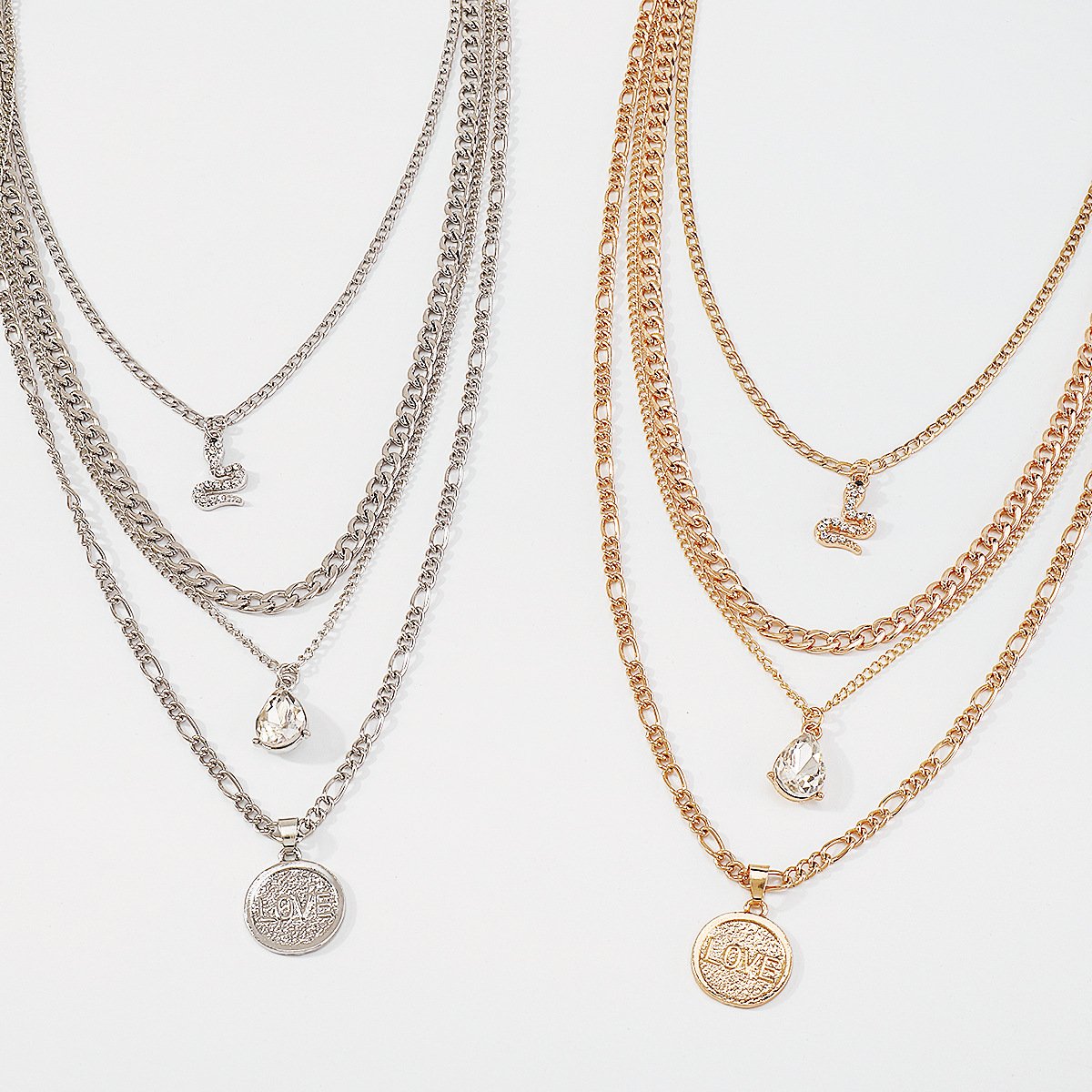 N168 punk snake-shaped stacked necklace disc LOVE water drop diamond personality retro multi-layer necklace