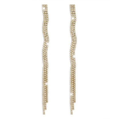 E1745 Catwalk Dinner Long Tassel Rhinestone Earrings Creative Wave Pattern Irregular Light Luxury Earrings