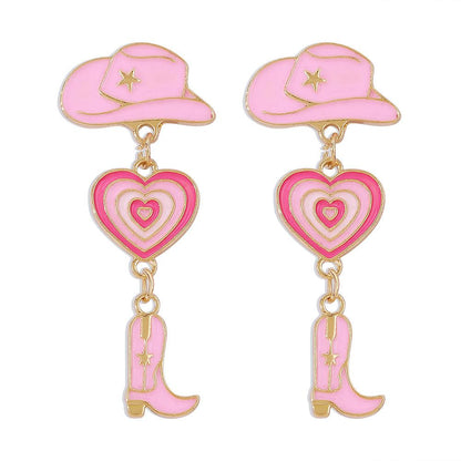 E1365 Popular Jewelry Modern Trendy Girl Earrings Hat Love Cowboy Boots Drip Oil Multilayer Earrings