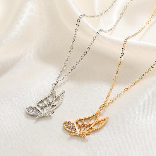 Ins hollow butterfly necklace female retro fashion temperament diamond-studded butterfly collarbone chain butterfly dancing necklace