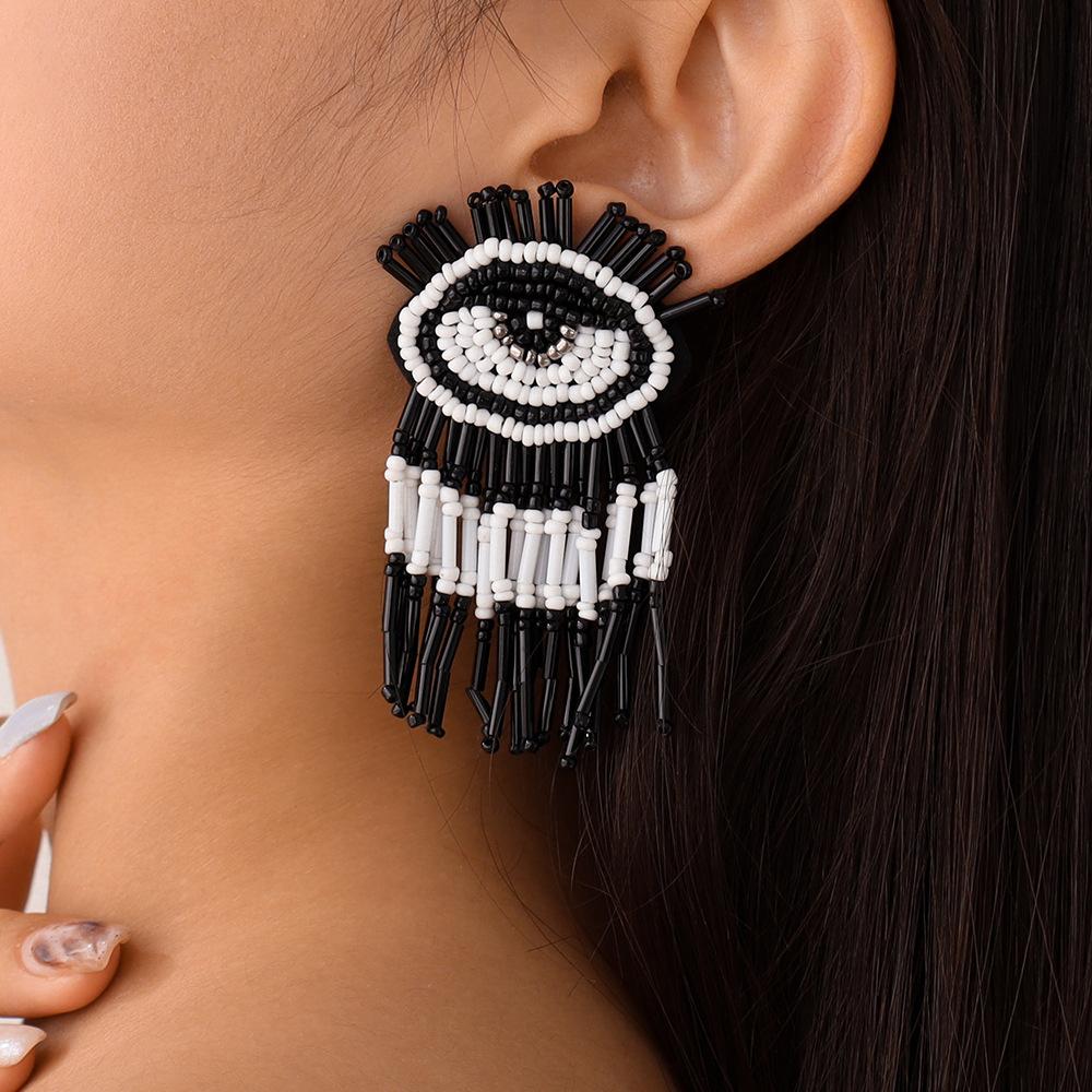 E1317 Bohemian Personality Tassel Earrings Exaggerated Devil's Eye Stud Earrings Beaded Contrasting Color Earrings