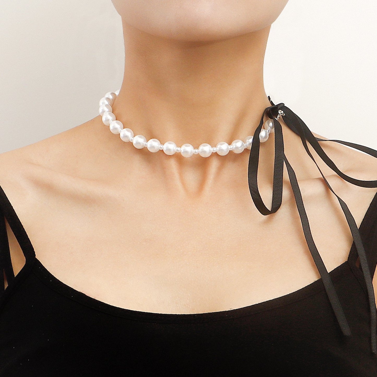 Jewelry Personality Creative Imitation Baroque Pearl Bead Necklace Female Black Ribbon Bow Necklace