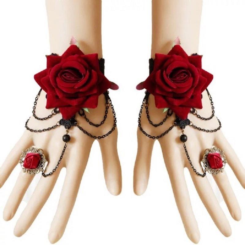 Jewelry Retro Fashion Halloween Lace Red Rose Bracelet Ring One Wristband Bridal Jewelry