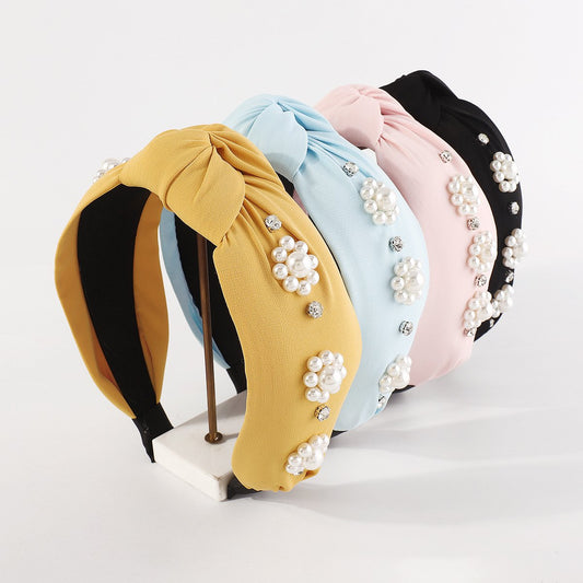 F5139 Temperament elegant retro pearl flower headband candy color simple fabric knotted sweet headband