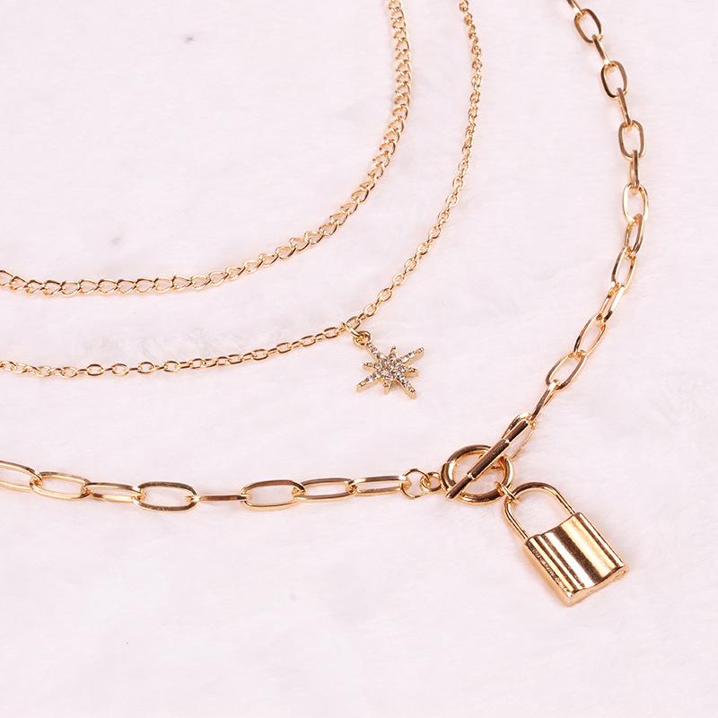 Necklace Retro Temperament Padlock Geometric Necklace Female Simple Padlock Metal Chain Three Layers Necklace