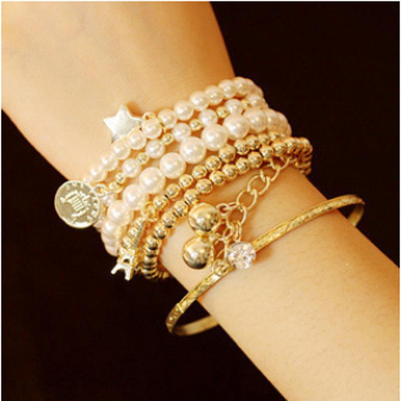 Multi-element Eiffel Tower Pearl Retro Bracelet Coin Six-piece Set Jewelry Multi-layer Elastic Bracelet