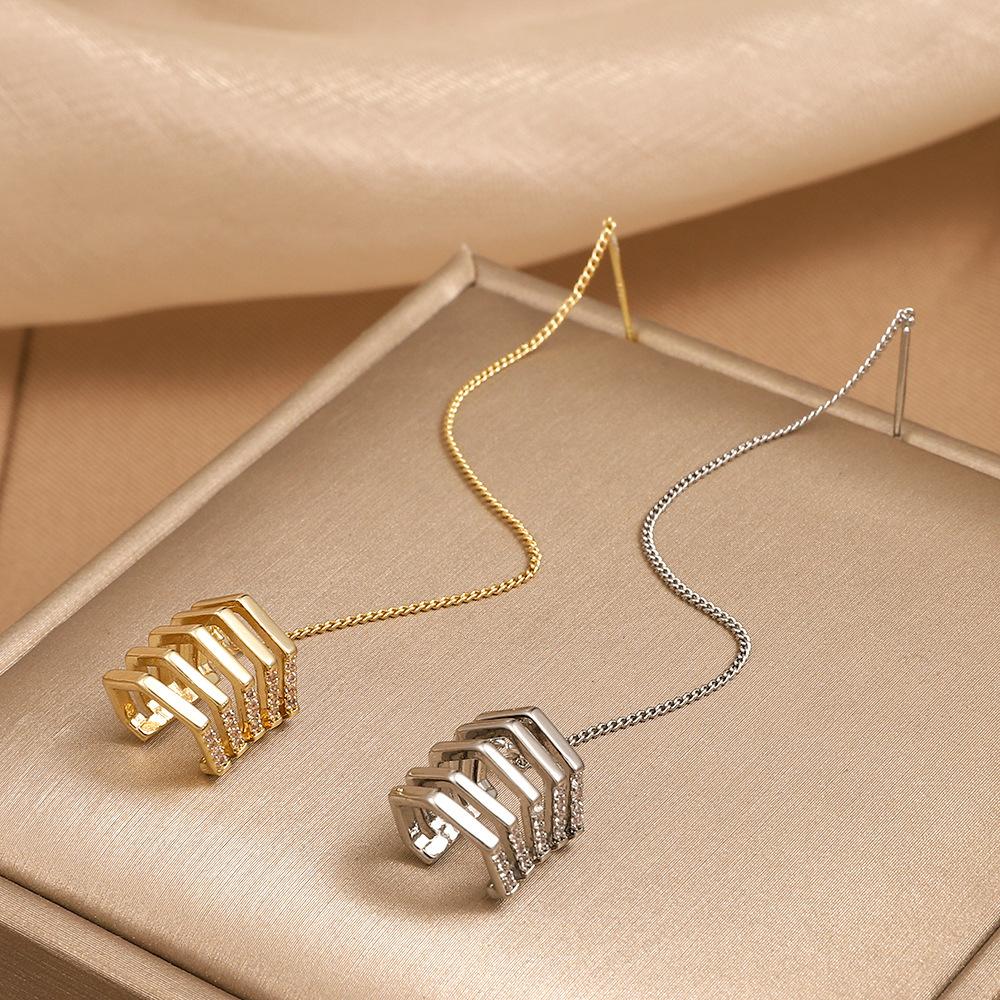Ins long tassel ear clip female personality temperament diamond-studded one-piece ear wire ear bone clip net red earrings tide