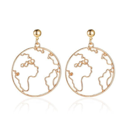 Exaggerated map earrings creative design world map earrings earrings simple round hollow earrings