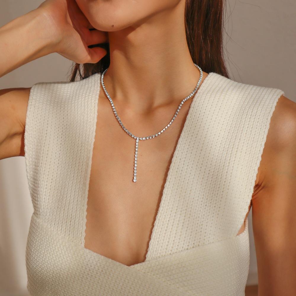 N9762 Fashion Simple Necklace Geometric Y-shaped Retro Full Diamond Necklace Personality Creative Necklace