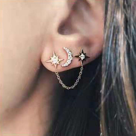 Fashionable, sweet and cute flashing diamond hollow star and moon earrings personality creative double star with moon earrings