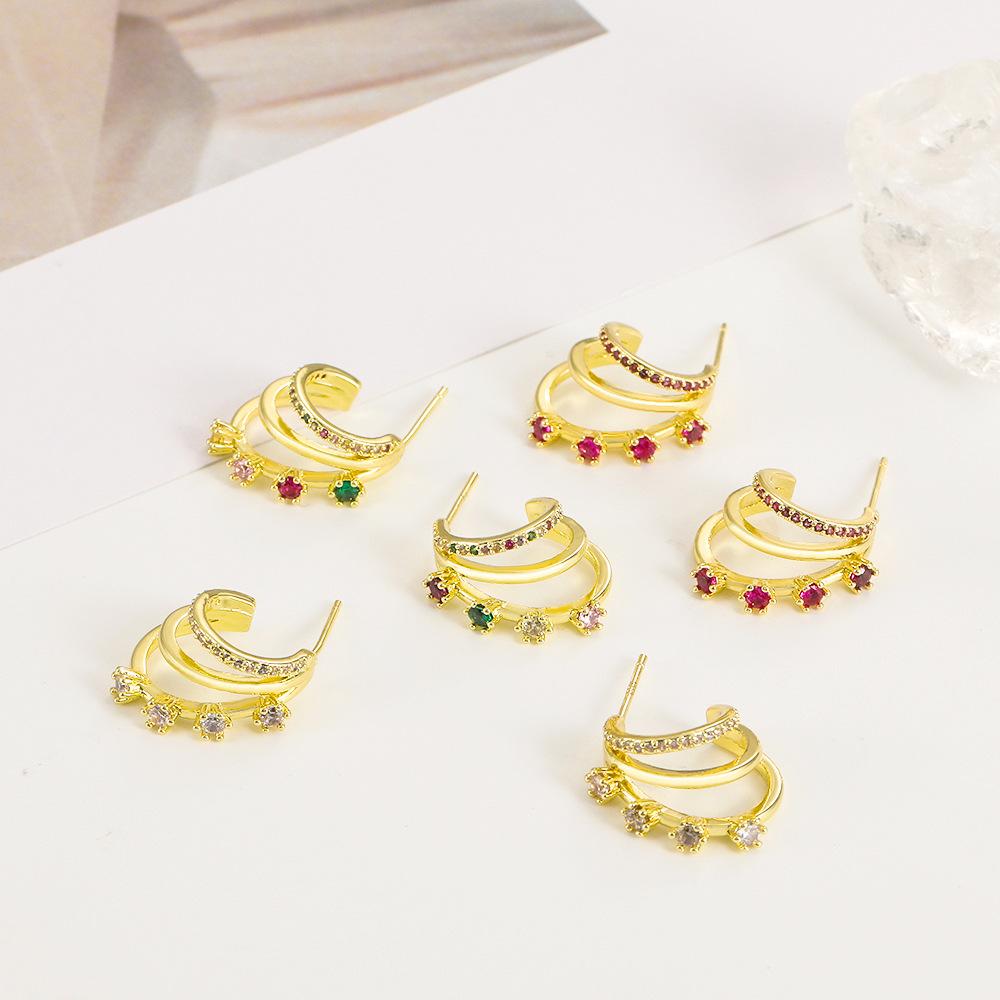 Explosive pink zircon earrings retro fashion niche design metal multi-layer C-shaped stud earrings temperament earrings