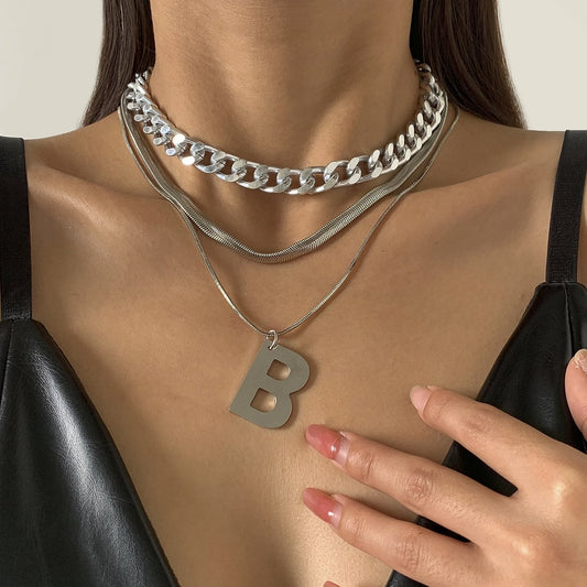 Jewelry Hip Hop Punk Stacked Letter B Necklace Female Simple Metal Snake Bone Chain Necklace