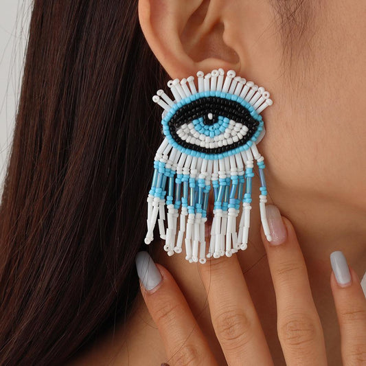 E1317 Bohemian Personality Tassel Earrings Exaggerated Devil's Eye Stud Earrings Beaded Contrasting Color Earrings