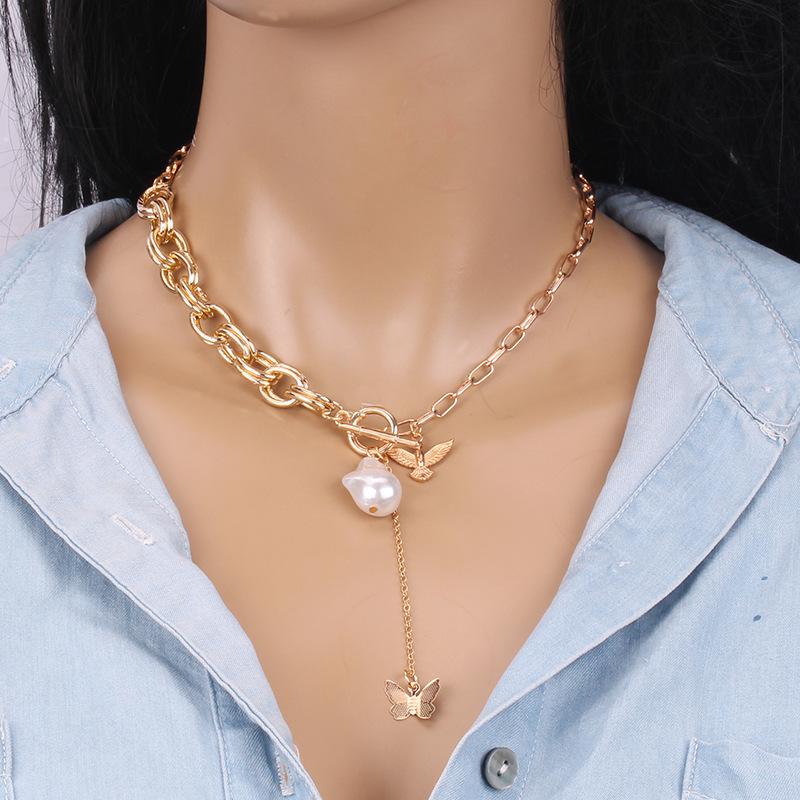 Niche Design Sense Necklace Female Indifferent Butterfly Shaped Pearl Stitching Chain Temperament Necklace