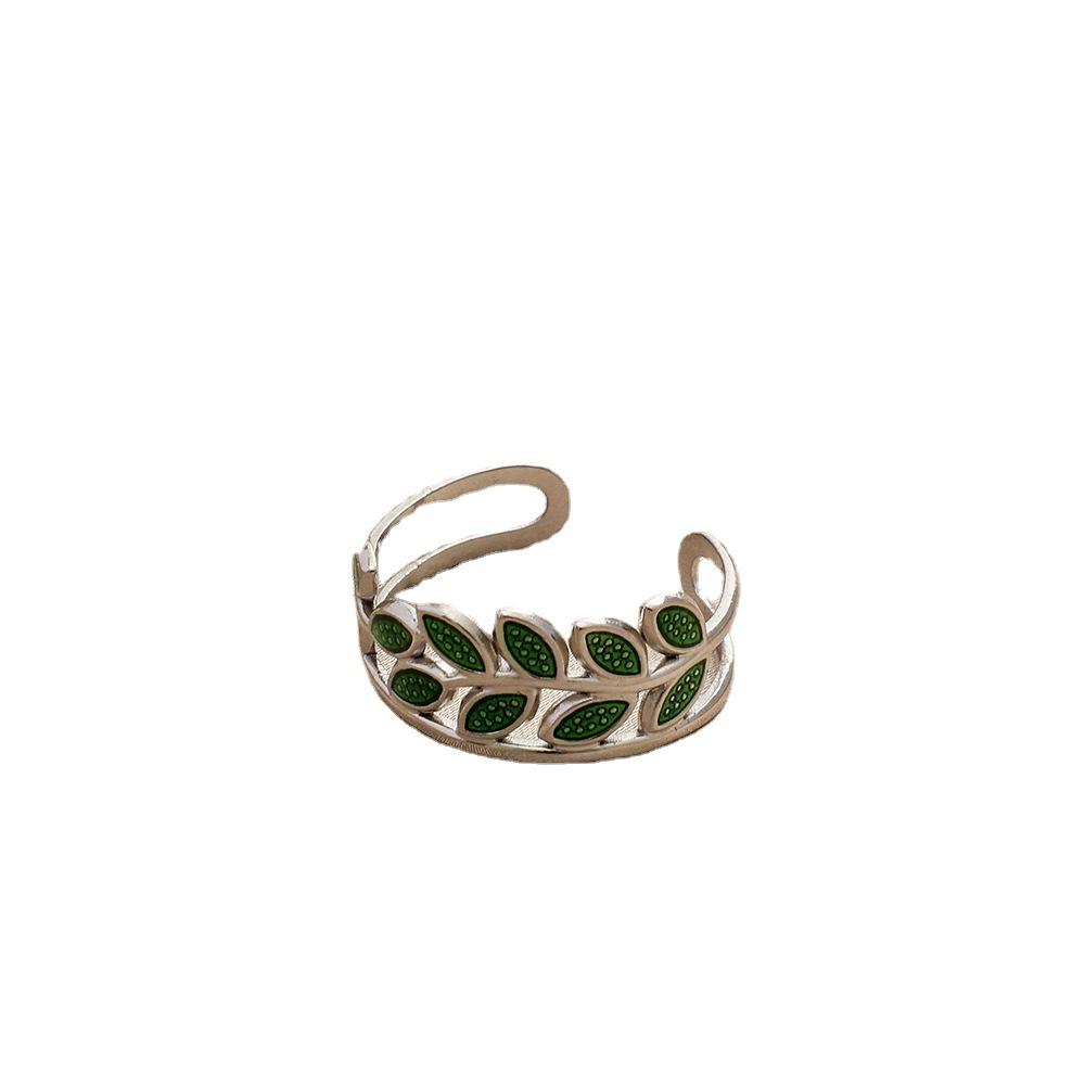 Retro fashion stainless steel dripping oil green leaves wheat ears opening ring personalized titanium steel ring female jewelry