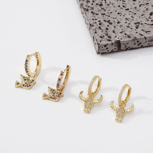 ZE63 Jewelry Simple Creative Bull Head Flying Bird Earrings Copper Zircon Geometric Fashion Earrings