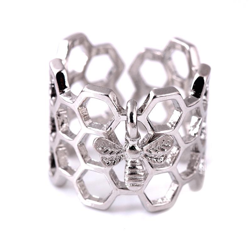 Fashion creative honeycomb bee hollow ring personality geometric hexagonal ring ring hand jewelry