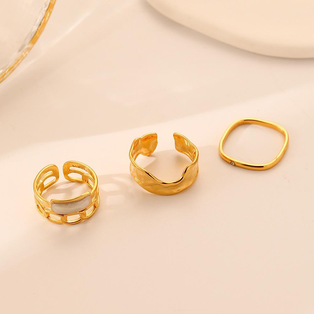 Versatile Fashion Simple Personality Stainless Steel Gold Square Drip Oil Hollow Ring Set Female