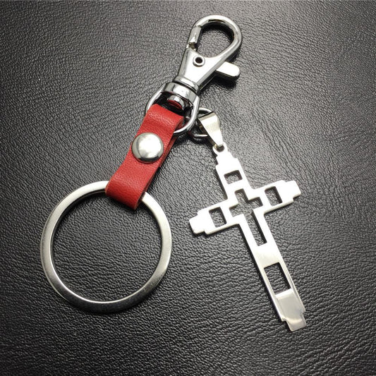Grid Hollow Cross Stainless Steel Pendant Leather Keychain Couple Gift Small Gift