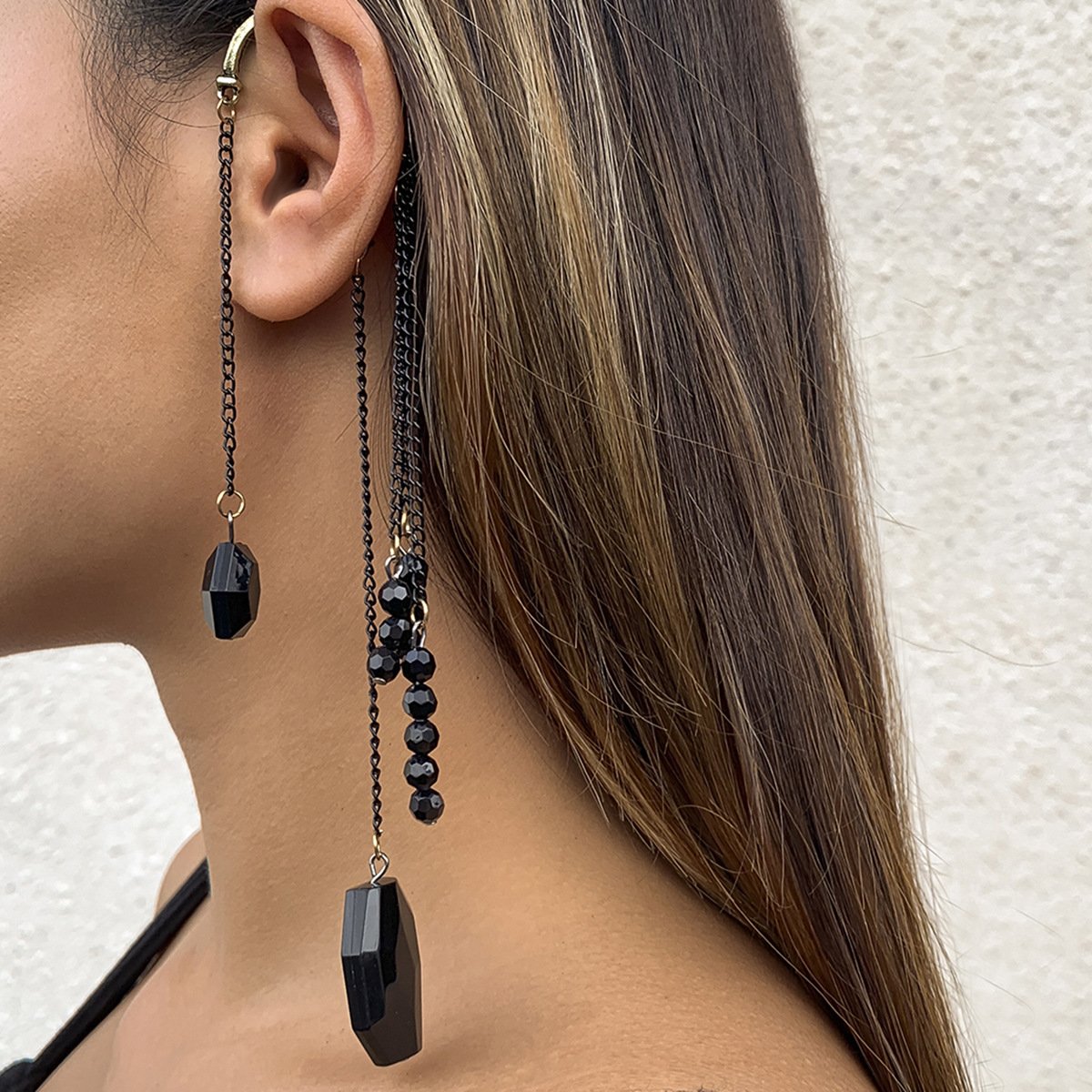 Jewelry Dark Punk Crystal Tassel Earrings Female Personality Metal Chain Ear Bone Clip Earrings