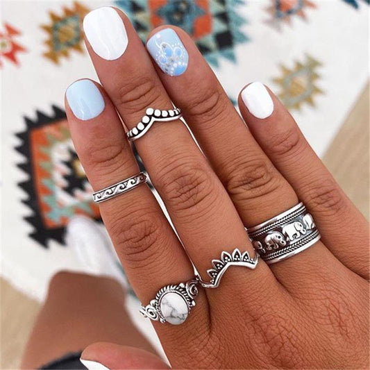 Vintage Alloy Elephant Turquoise Multi-Piece Ring Ethnic Turquoise Knuckle Rings Women Accessories