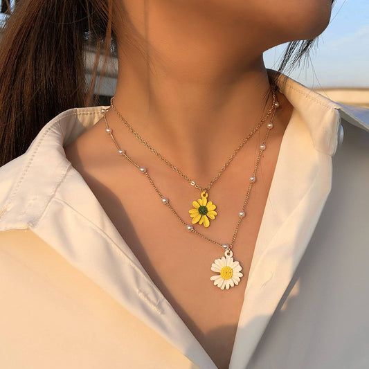 Jewelry Explosive Pearl Daisy Pendant Necklace Female Hip Hop Fashion Versatile Double Layer Necklace