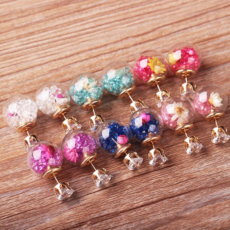 Fashion Glass Ball Broken Diamond Dried Flower Stud Earrings Taobao Double-sided Spherical Earrings Jewelry