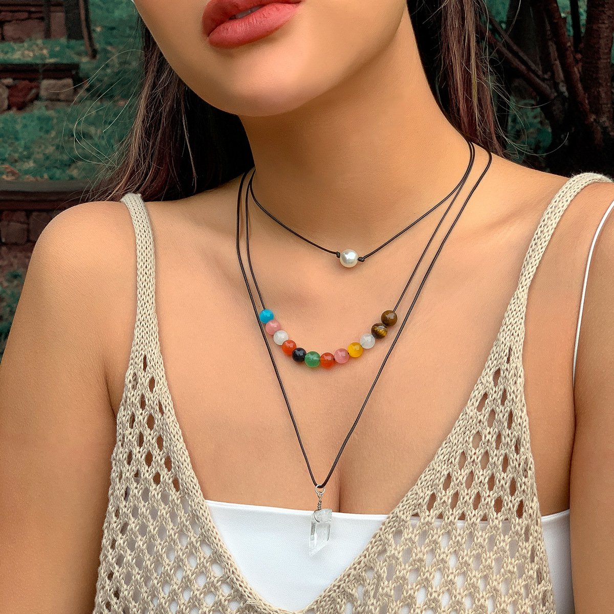 Jewelry Ethnic Color Beaded Long Sweater Chain Niche Imitation Crystal Stacked Xingyue Necklace