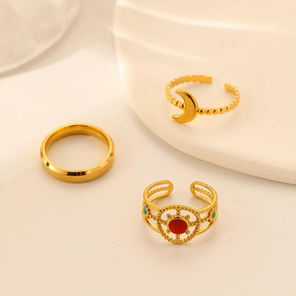 Fashion niche light luxury all-match stainless steel golden moon sun dripping oil ring set for women