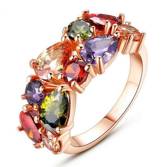 Fashionable Mona Lisa Colorful Crystal Zircon Ring Luxury Rose Gold Ring Jewelry