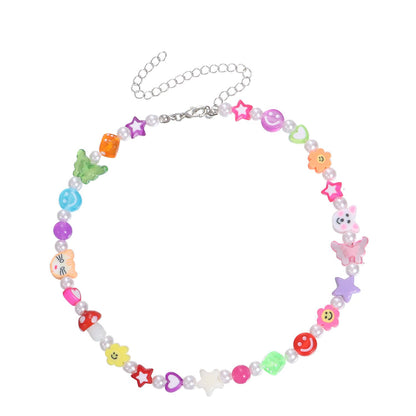 Jewelry flower smiley acrylic five-pointed star necklace female soft pottery animal head pearl necklace