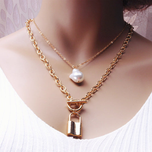 Jewelry Personality Versatile Natural Baroque Pearl Clavicle Chain Set Chain Multi-layer Lock Necklace Women