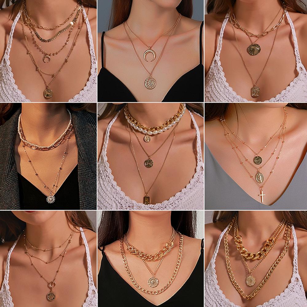 Gold multi-layer portrait pearl necklace ins fashion retro exaggerated pendant clavicle chain female