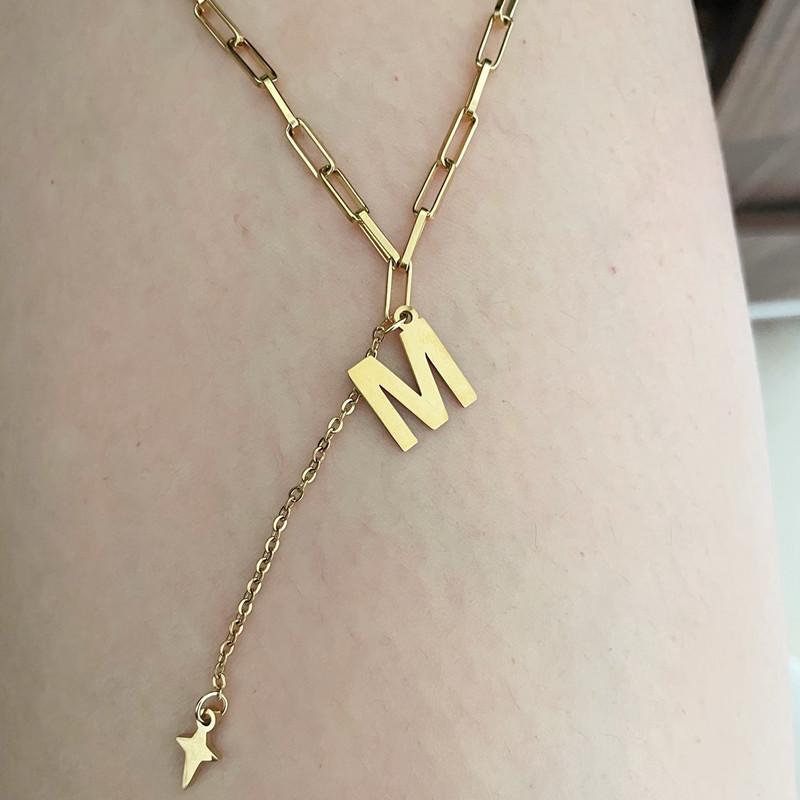 Titanium steel English letter M necklace female ins cold tassel five-pointed star collarbone chain all-match forest system net red necklace