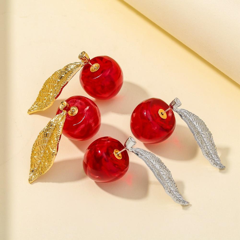 Dongdaemun Pink Cherry Girl Earrings Simple Fashion Wine Red Cherry Retro Temperament Earrings