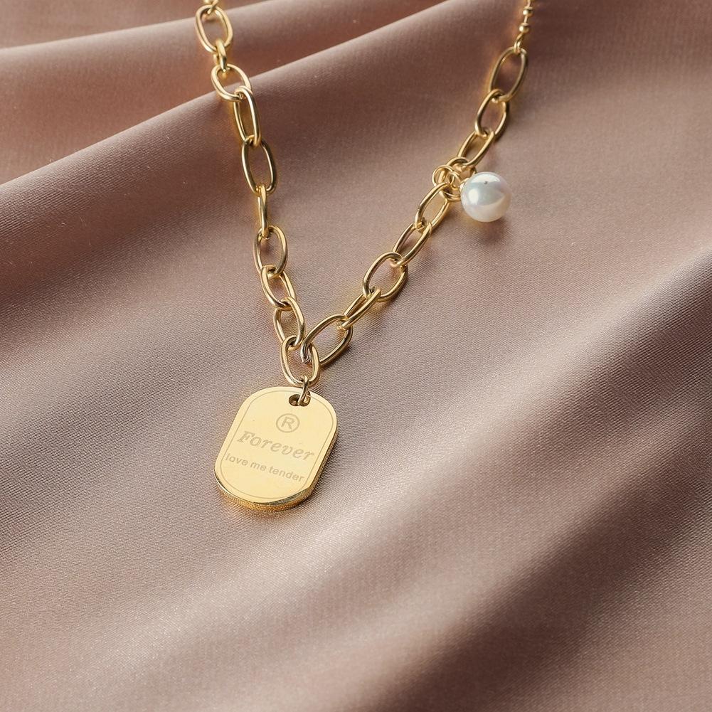 Trendy stainless steel English letter shield pendant collarbone chain fashion titanium steel LOVE pearl square necklace