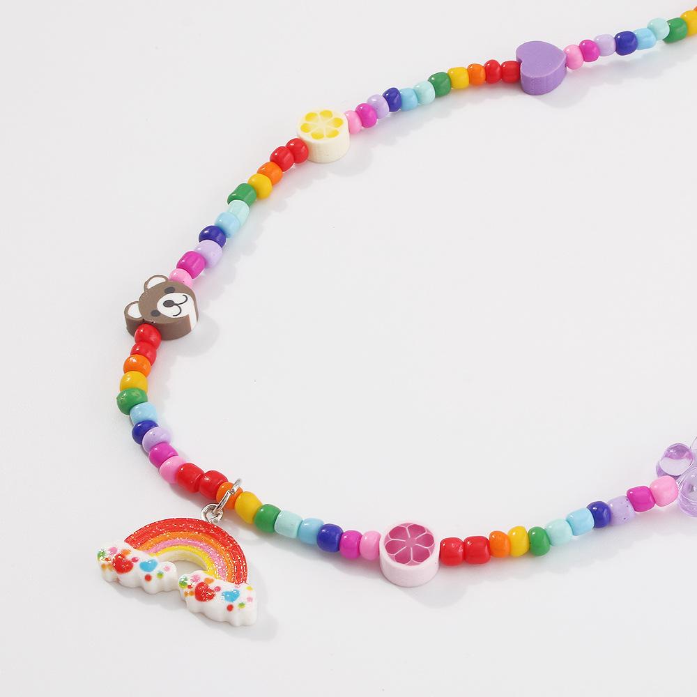 N9147 Colorful Rice Bead Necklace Soft Pottery Bear Cartoon Necklace Cute Rainbow Pendant Clavicle Chain Female