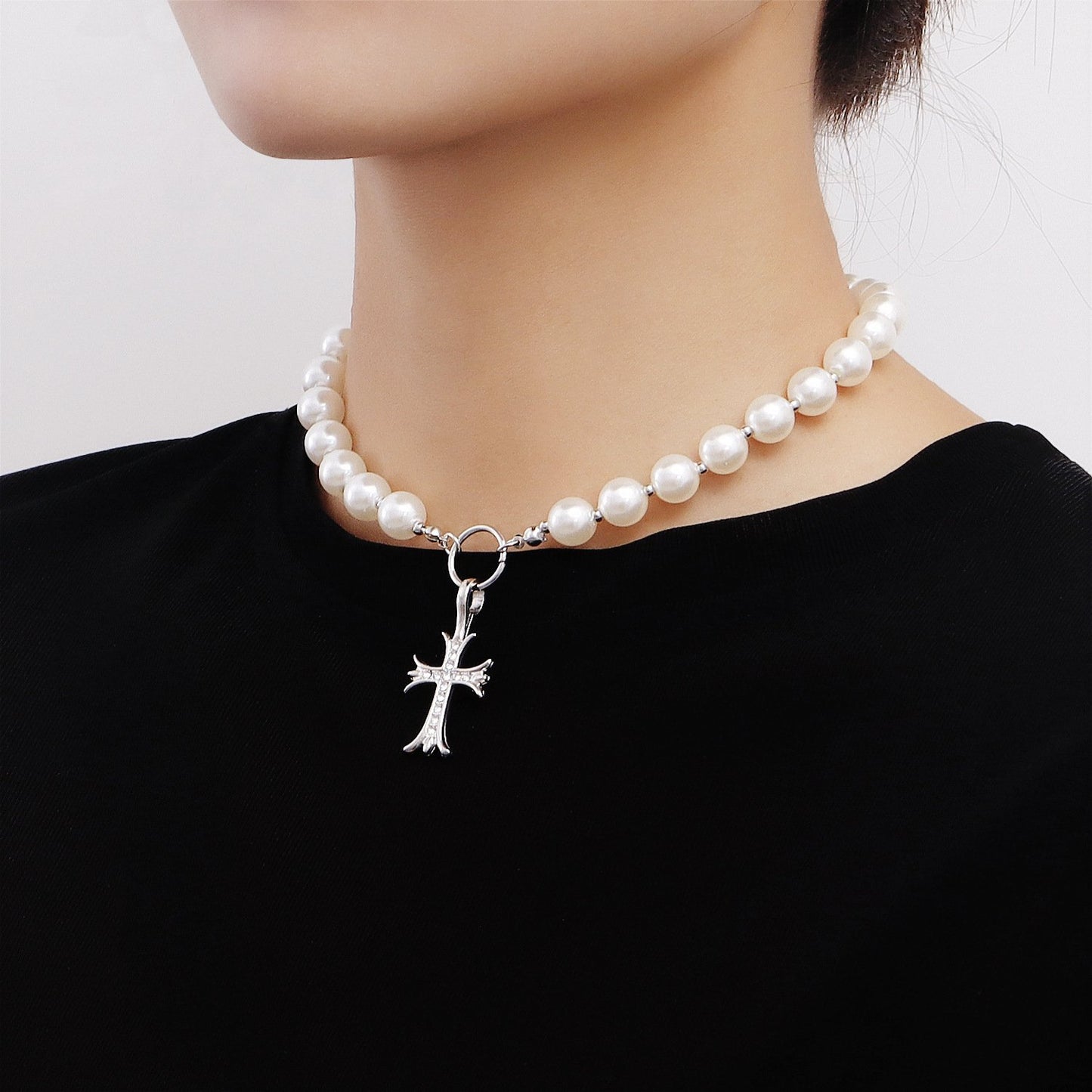 Jewelry Geometric Diamond Cross Shell Bead Beaded Necklace Clavicle Chain Women's Advanced Sense Light Luxury