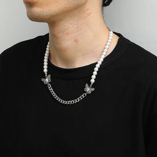 Jewelry Hip Hop Pearl Stainless Steel Chain Men's and Women's Necklace Simple Color Butterfly Clavicle Necklace
