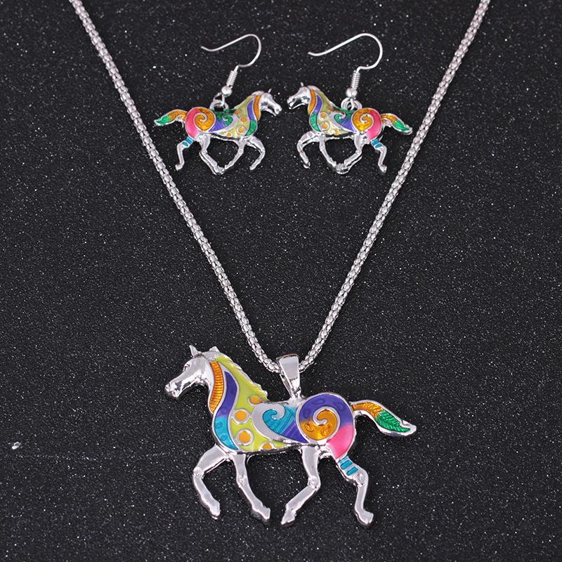 Spring and summer fashion dripping oil rainbow horse earrings necklace set ethnic glaze jewelry X898