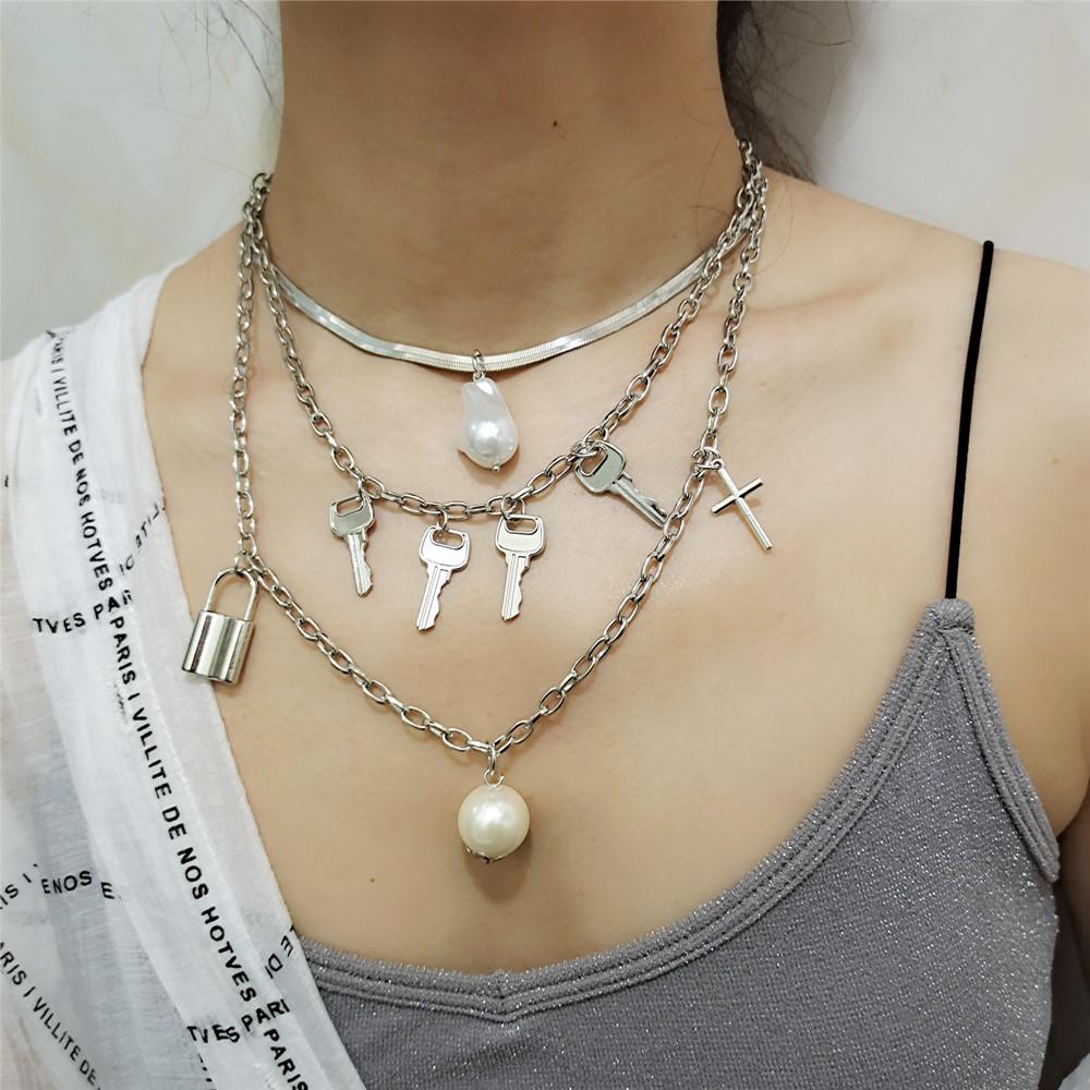 Jewelry retro shaped baroque cross multi-layer lock with key mix and match chain necklace
