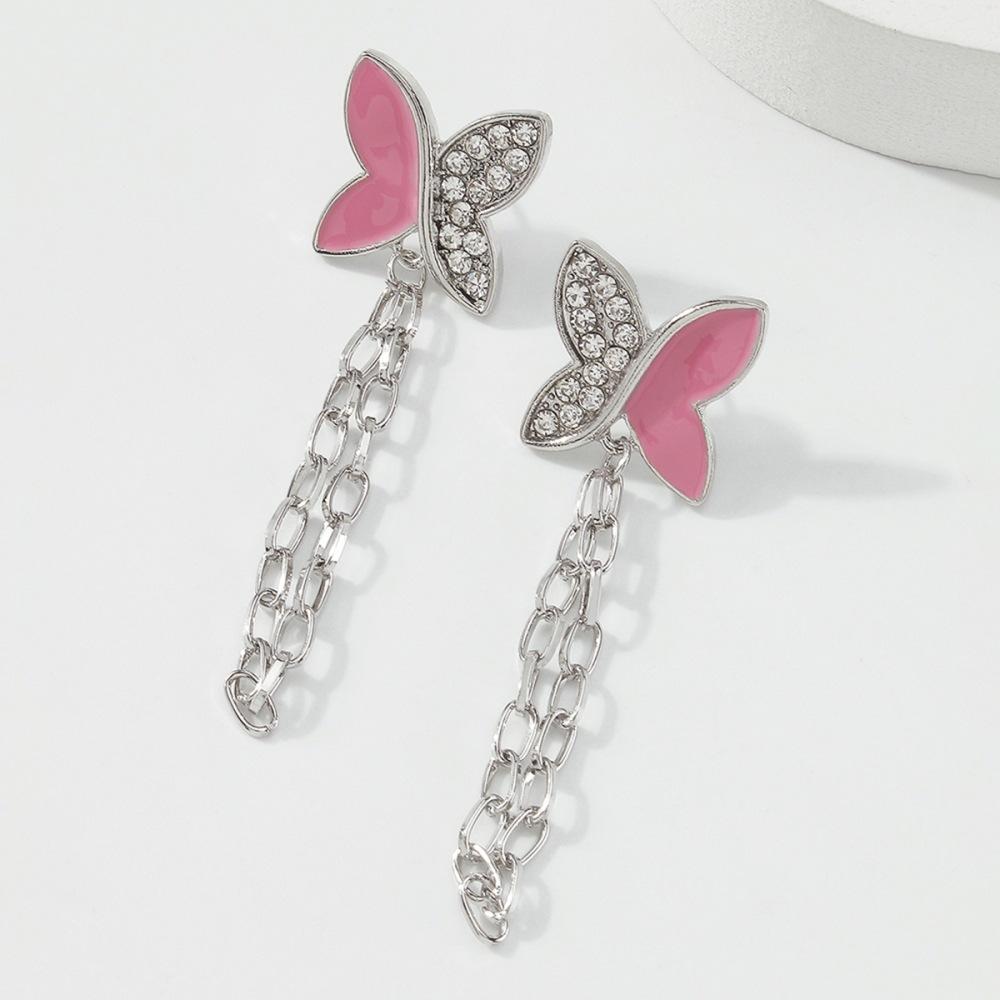 E1118 Jewelry Alloy Drip Oil Chain Butterfly Micro-Inlaid Earrings Personalized Tassel Long Earrings