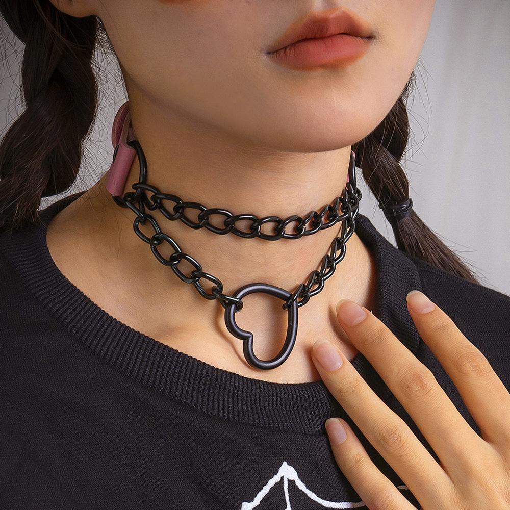 Jewelry punk gothic heart chain necklace retro pu metal buckle necklace choker female