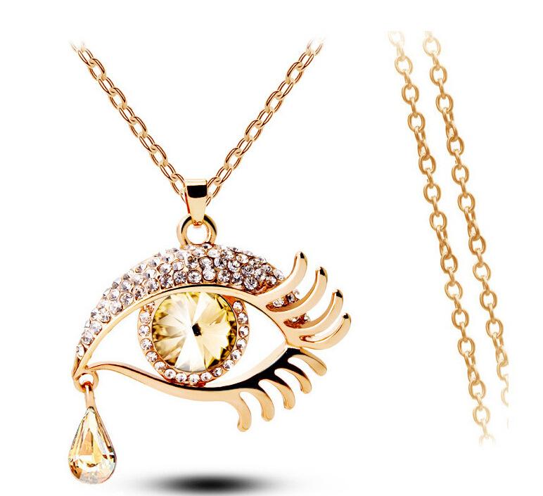 Fashion Versatile Eye Pendant Crystal Teardrop Eyelashes Necklace Long Sweater Chain Jewelry