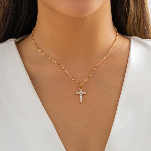 Jewelry Versatile Metal Thin Chain Geometric Necklace Simple Micro-inlaid Rhinestone Cross Necklace Female