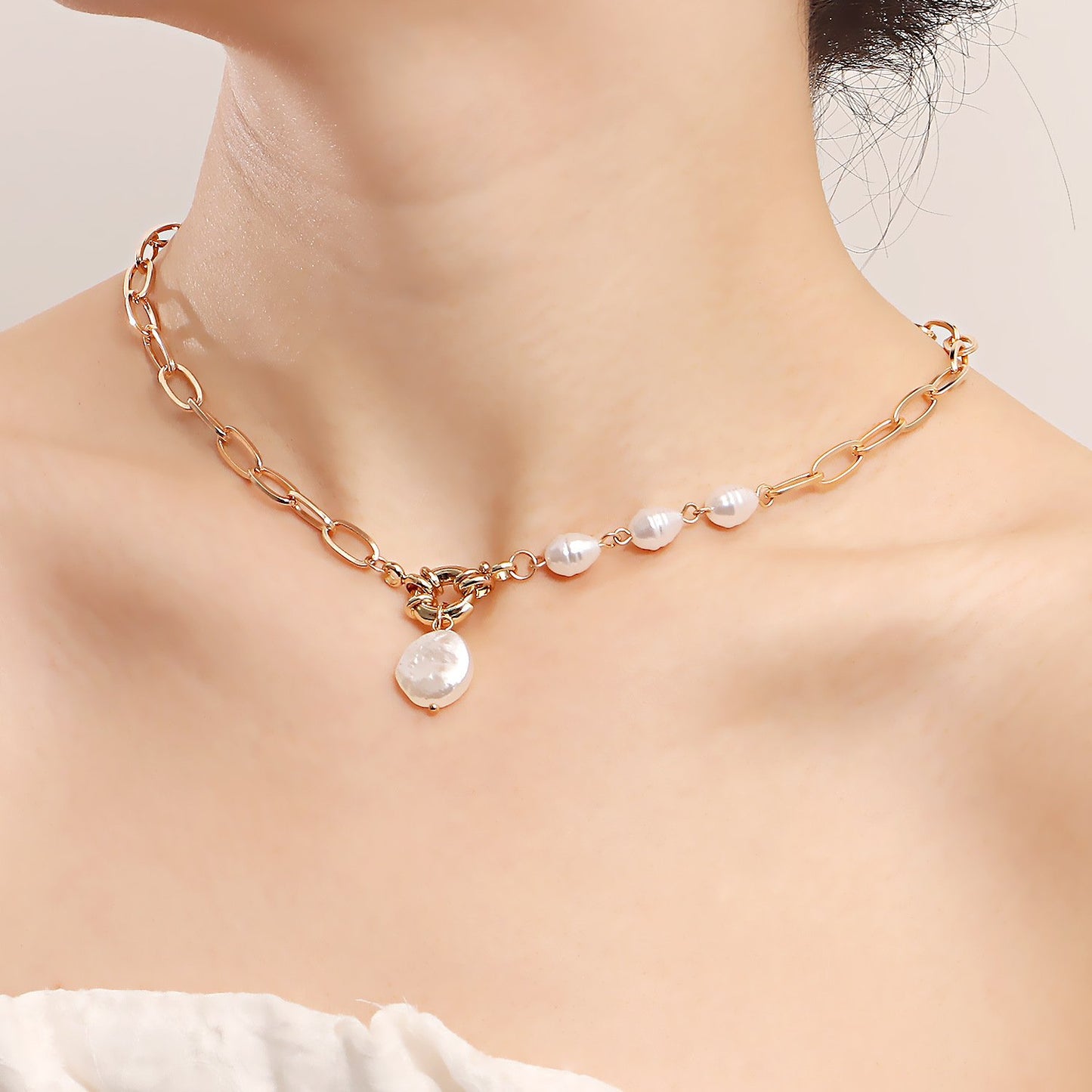 Jewelry punk simple single-layer back-shaped chain pearl pendant necklace female ins all-match necklace